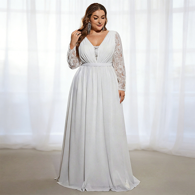 Brautkleid in Übergröße mit V-Ausschnitt und Spitzenärmeln – A-Linien Hochzeitskleid mit Raffungen L-4XL