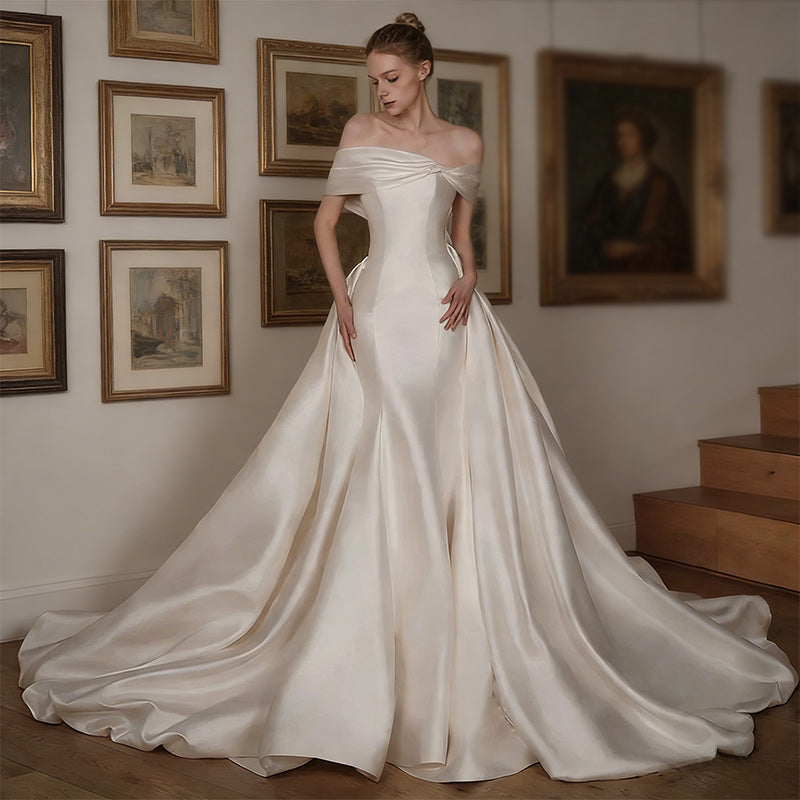 A-Linie Edles Satin Brautkleider Prinzessin im mit Schleppe und elegantem Off-Shoulder-Ausschnitt Elfenbein 2-26W