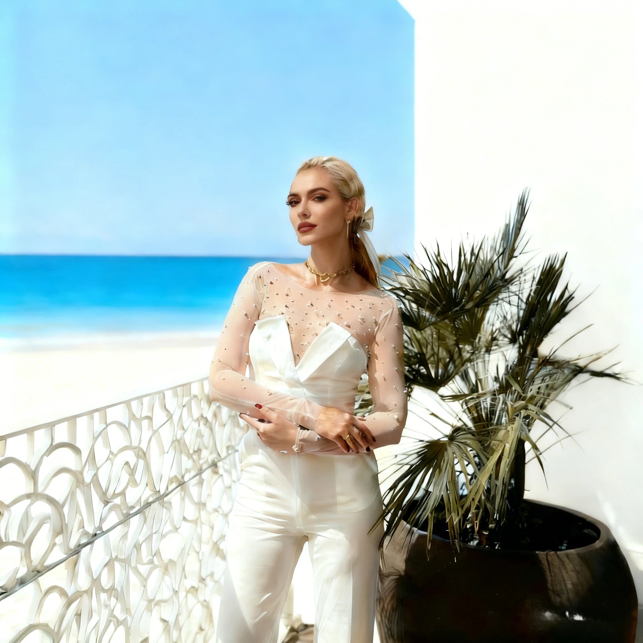 Eleganter Braut Jumpsuit Bodenlang mit V-Ausschnitt und Langarm Hochzeits Hosenanzug 32-38