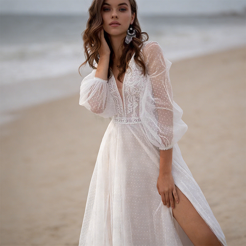 Elegantes A Linie Brautkleid Tiefer V Ausschnitt Satin Schlicht Modern Hochzeitskleid Standesamt Elfenbein 2-26W