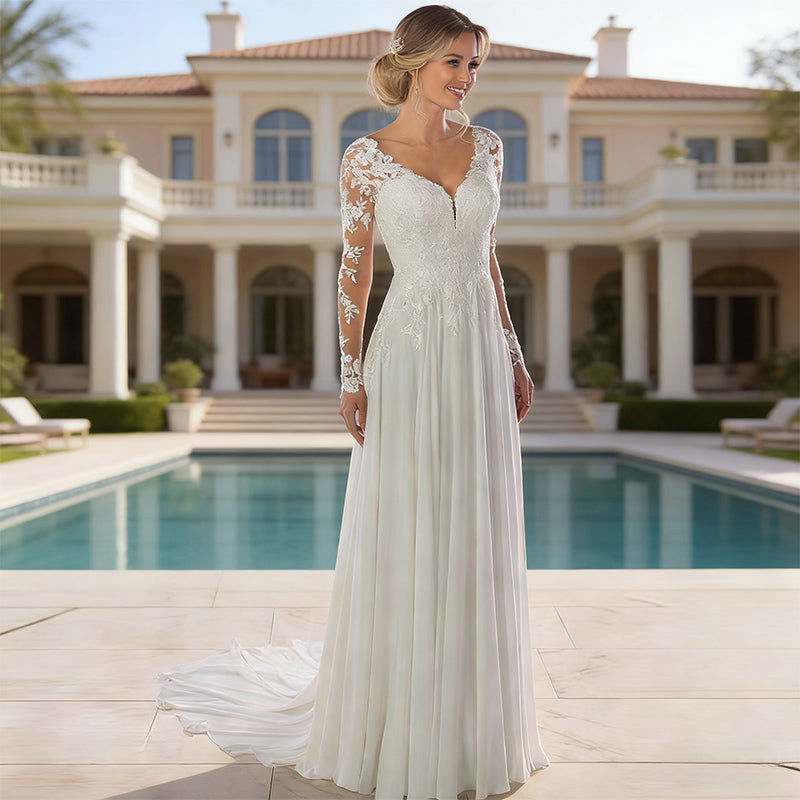 Elegantes Brautkleid aus Spitze A Linie mit V Ausschnitt Langarm Bodenlang Hochzeit 32-56