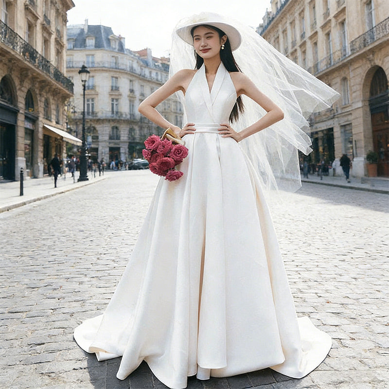 Modernes A-Linie Brautkleid Größe mit Halterneck- Hochzeitskleid aus edlem Satin im Vintage-Stil 32-44
