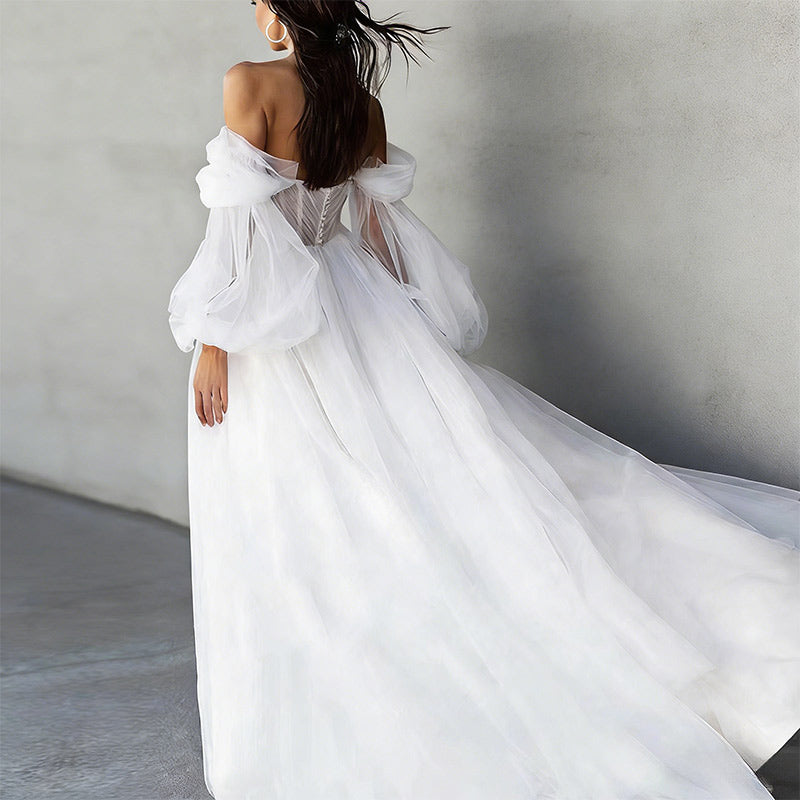 Off-Shoulder Brautkleider Prinzessin mit Herz-Ausschnitt Beinschlitz – Elfenhaftes A-Linien Kleid mit Puffärmeln 2-26W