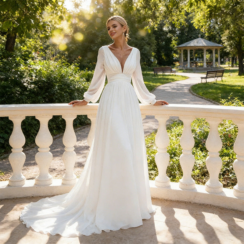 Prachtvolles A-Linien Brautkleid Laternenärmeln – Hochzeitskleid mit tiefem V-Ausschnitt und Schleppe 2-26W