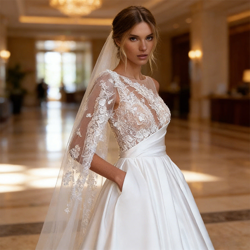 Satin Brautkleider Prinzessin mit One Shoulder Spitze und Cape A Linie Hochzeitskleid Edel Stickerei Elfenbein 34-44