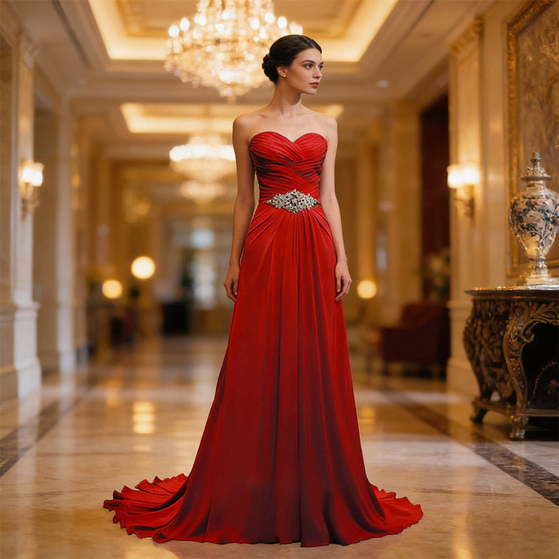 Romantisches Brautkleid in A-Linie mit Herz-Ausschnitt und Kristall-Gürtel Elegantes Chiffon Hochzeitskleid Elfenbein 2-26W