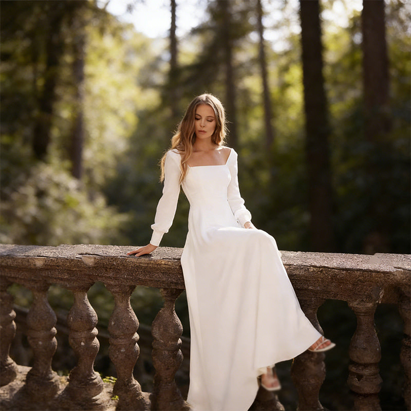 Schlichtes Brautkleid Weiß A Linie Langarm Quadratischer Ausschnitt Hochzeitskleid Chiffon Bodenlang Modern Elegant