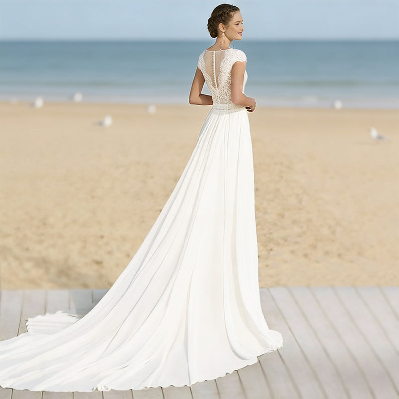 Vintage Boho Brautkleid aus Spitze A Linie mit V Ausschnitt und Kappenärmel Schlichtes Hochzeitskleid Elfenbein 2-26W