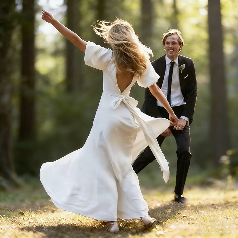 Brautkleider Prinzessin Hochzeitskleid mit Quadratischem Ausschnitt und Puffärmeln Satin Brautkleid A-Linie Retro-Stil XS-2XL