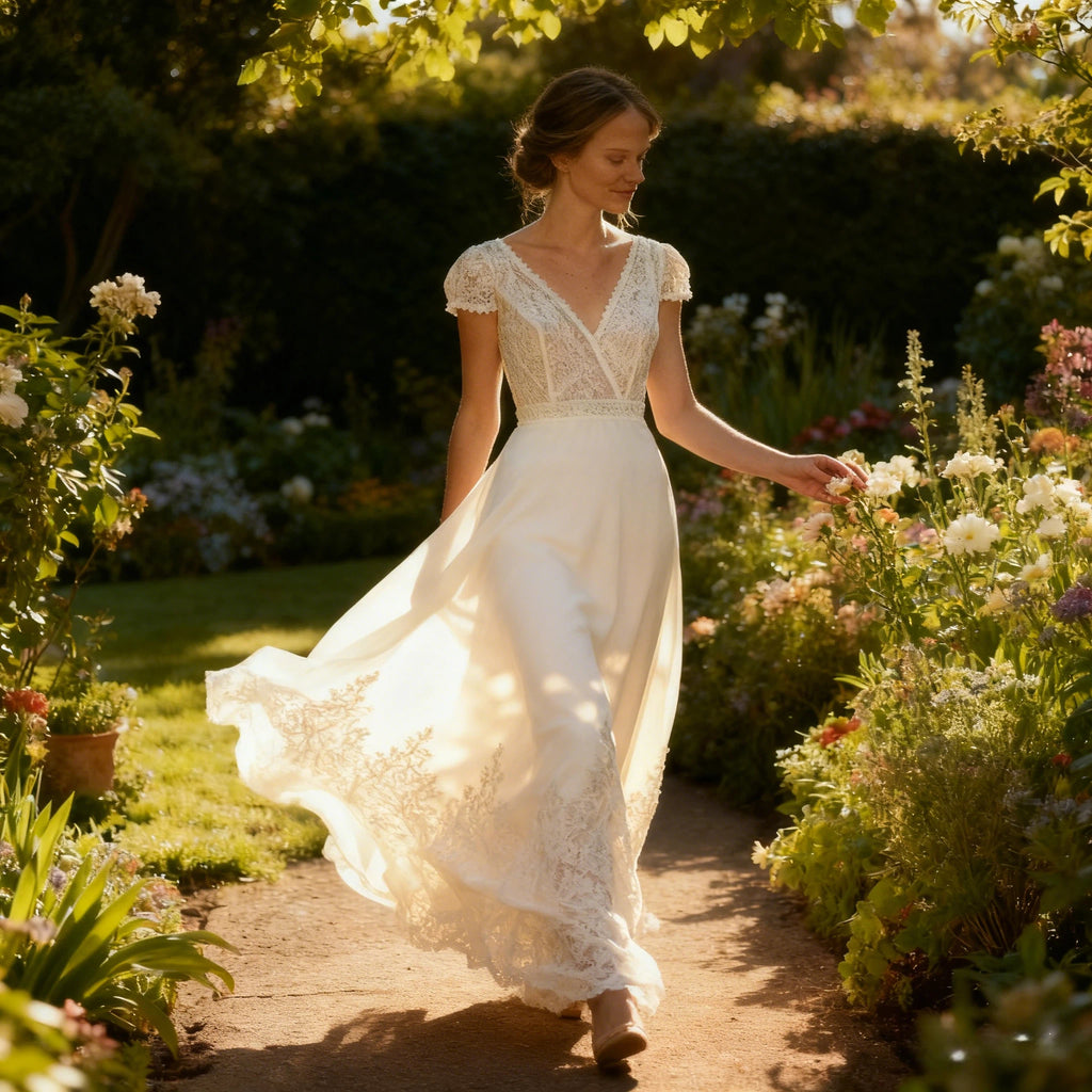 Boho Brautkleid Kurz mit Spitze und V-Ausschnitt – A-Linie Vintage Hochzeitskleid 2-26W