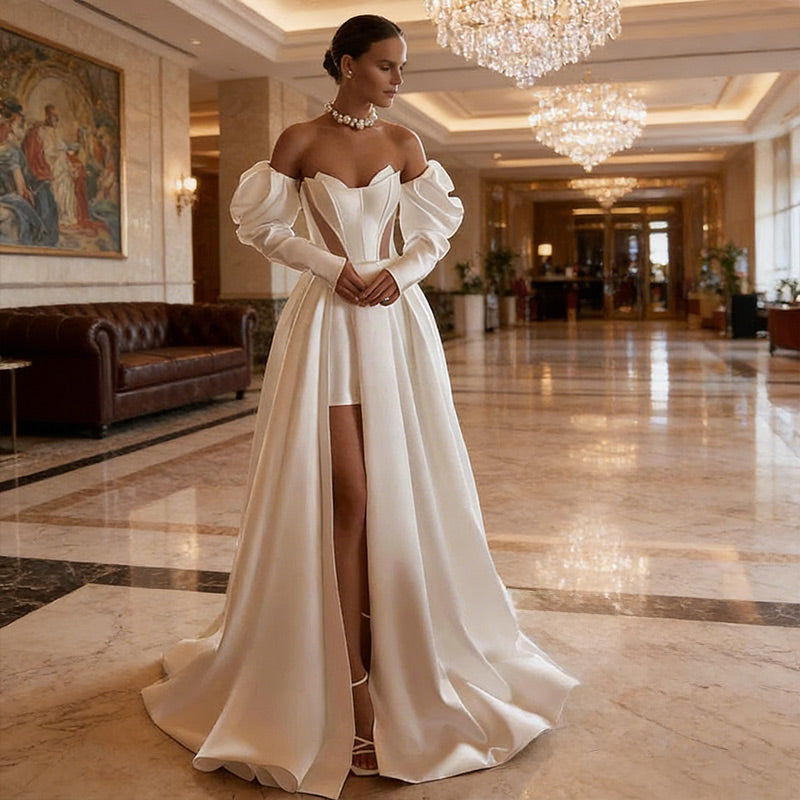 Zeitloses Satin Brautkleid in A Linie mit U Boot Ausschnitt und Taschen 34-44