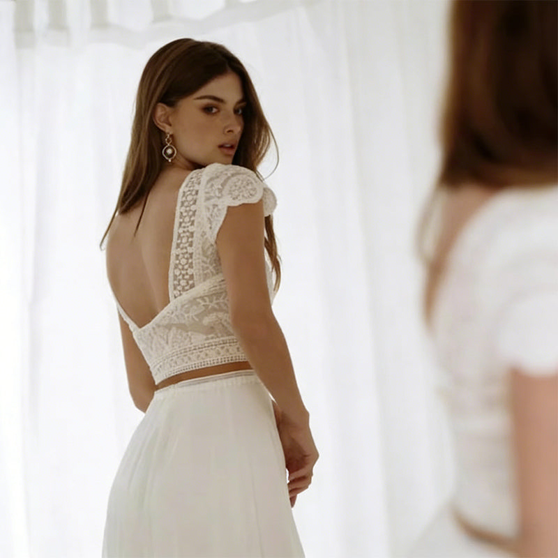 Zweiteiliges Boho Brautkleid aus Spitze und Chiffon Romantisches Crop-Top Hochzeitskleid A-Linie 2-26W