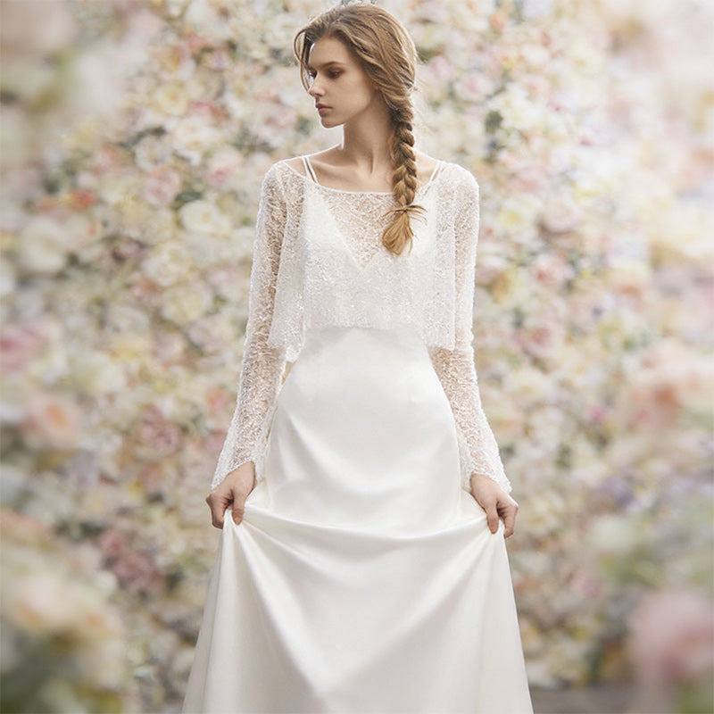 Zweiteiliges Boho Brautkleid mit Glitzer-Caplet und Seidigem Satin Kleid Elegantes A-Linie Hochzeitskleid Elfenbein 32-44