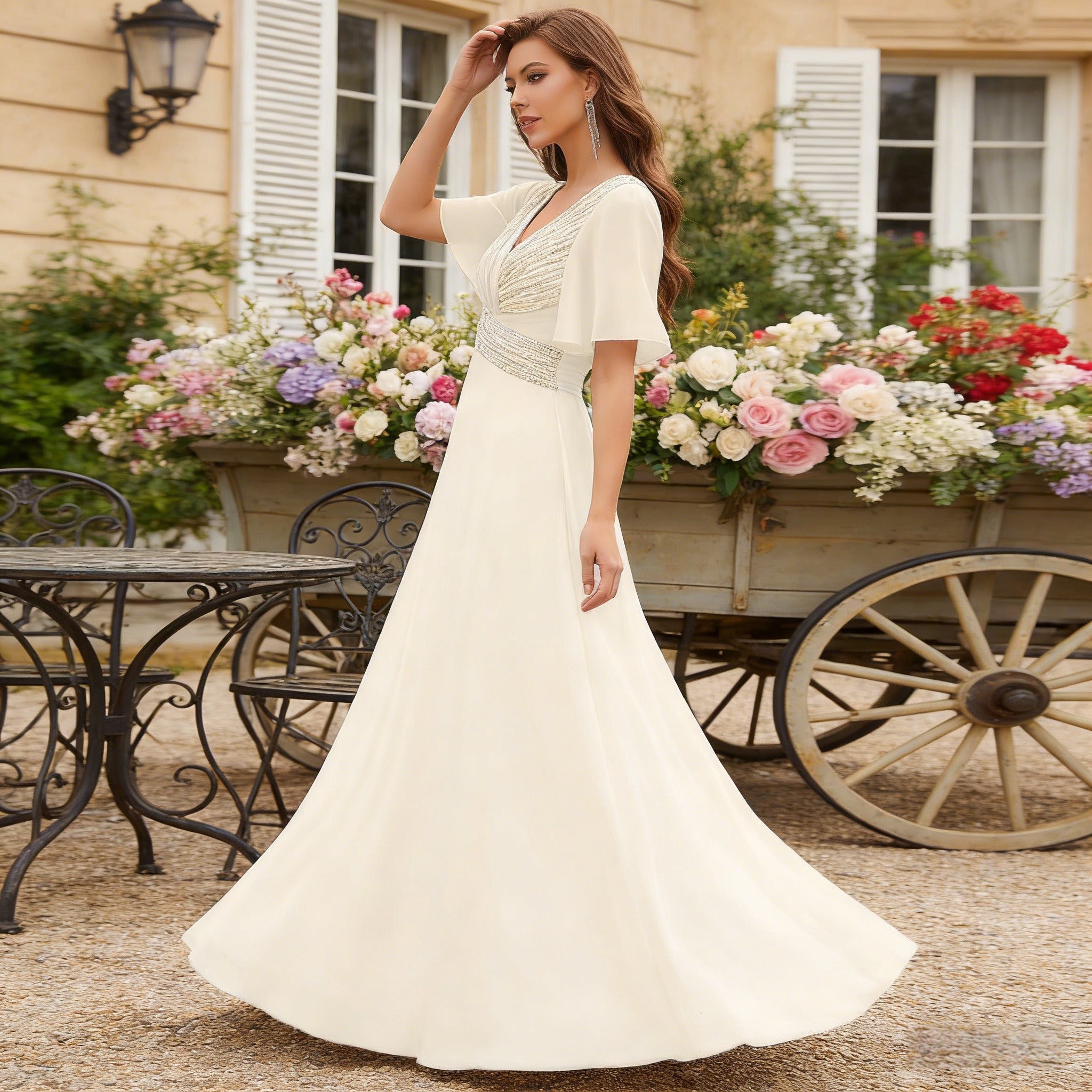 BHstyle Elegantes Abendkleid Aprikose mit Pailletten V Ausschnitt Flatterärmel Chiffon Festliches Kleid