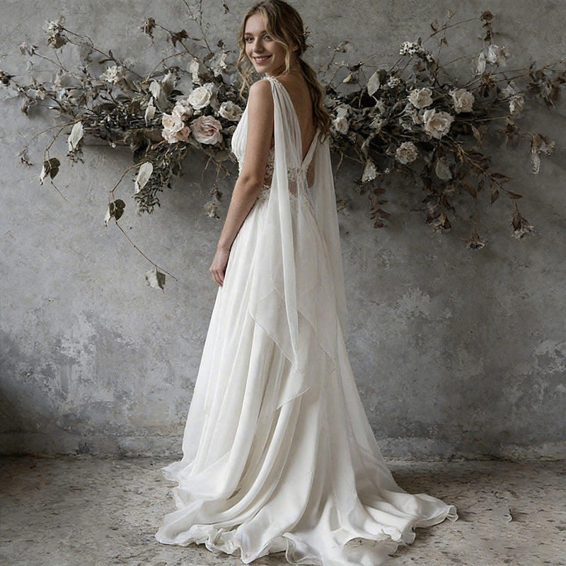 Ätherisches Griechische-Göttin Brautkleid mit Cape-Schultern – Elegante A-Linie aus Chiffon mit Cut-out Spitze 2-26W