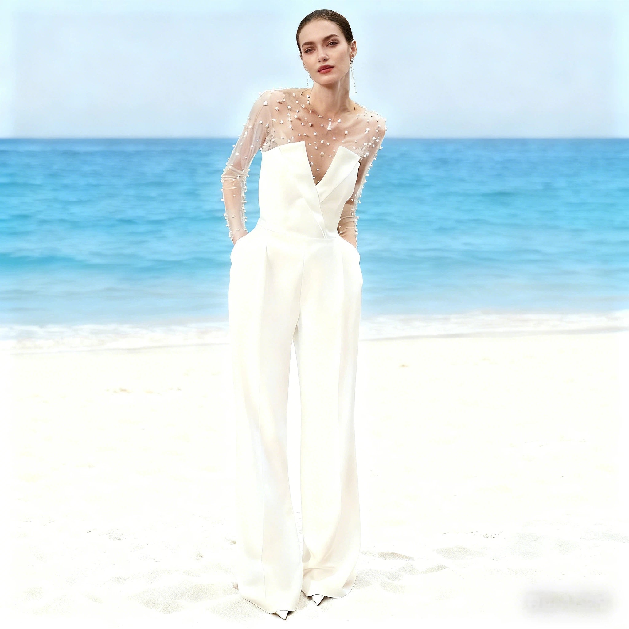 Eleganter Braut Jumpsuit Bodenlang mit V-Ausschnitt und Langarm Hochzeits Hosenanzug 32-38