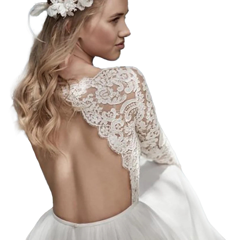 Elegantes Boho Brautkleid Langarm Spitze Chiffon Weiss 34-46