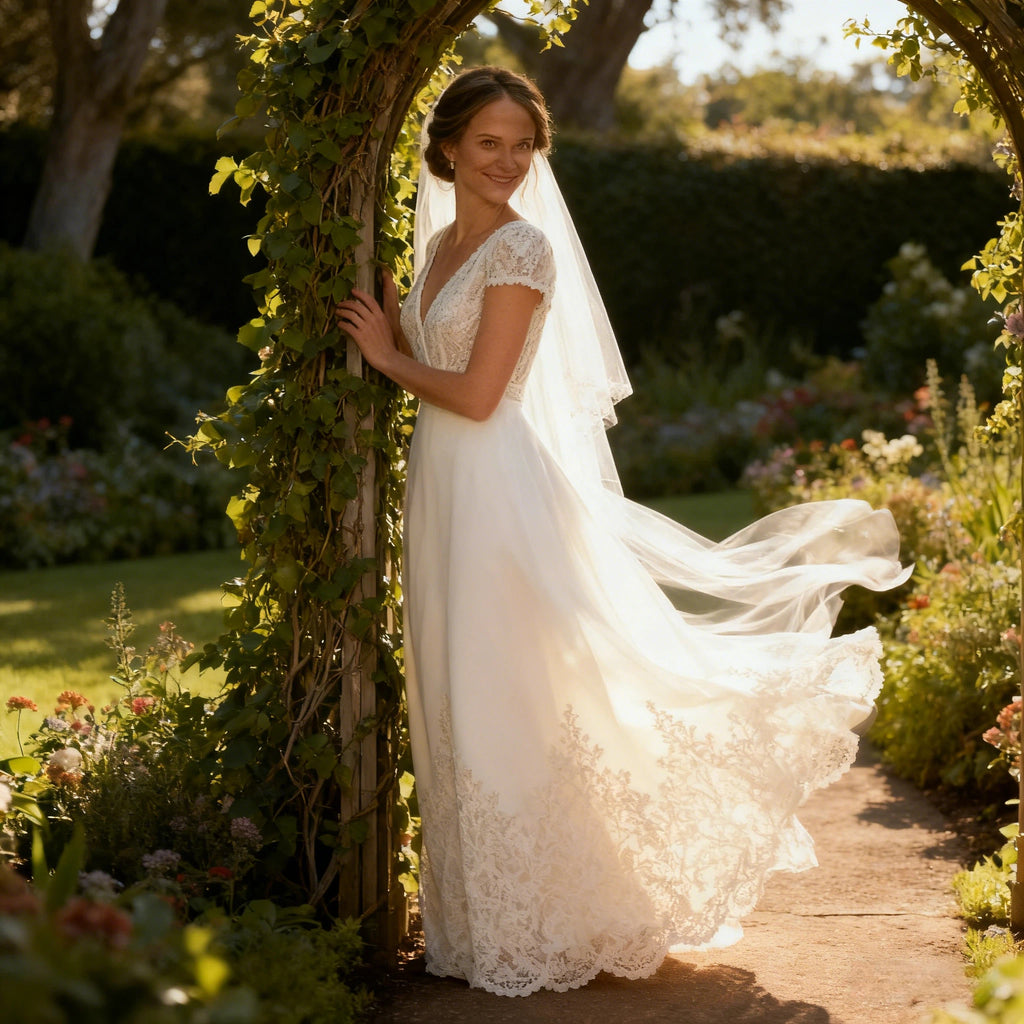 Boho Brautkleid Kurz mit Spitze und V-Ausschnitt – A-Linie Vintage Hochzeitskleid 2-26W