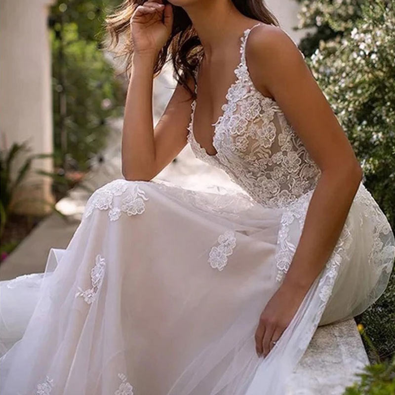 A-Linie Brautkleider Prinzessin Elfenbein V-Ausschnitt Ärmellos Tüll Lang Hochzeitskleid 2-16