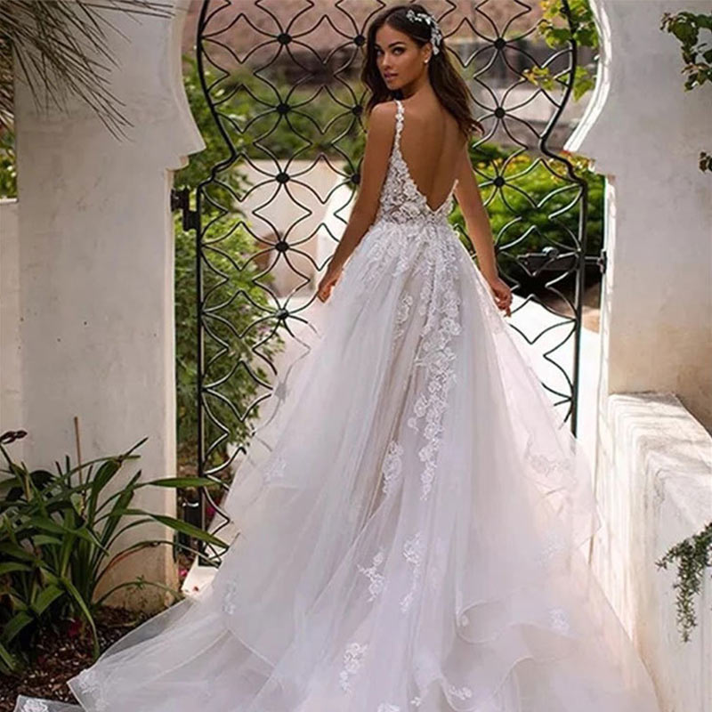 A-Linie Brautkleider Prinzessin Elfenbein V-Ausschnitt Ärmellos Tüll Lang Hochzeitskleid 2-16