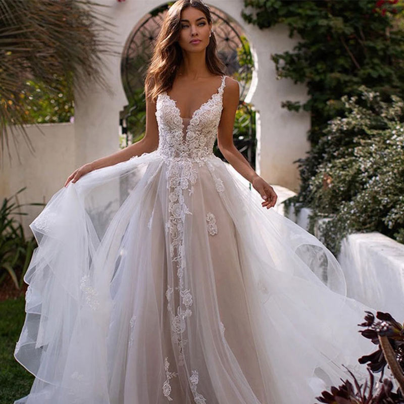 A-Linie Brautkleider Prinzessin Elfenbein V-Ausschnitt Ärmellos Tüll Lang Hochzeitskleid 2-16