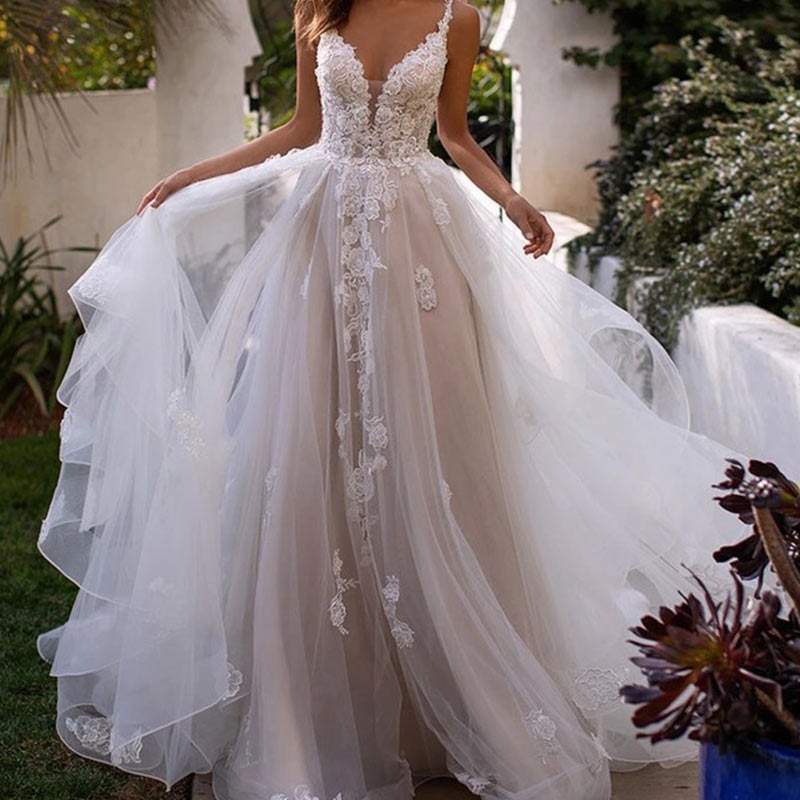 A-Linie Brautkleider Prinzessin Elfenbein V-Ausschnitt Ärmellos Tüll Lang Hochzeitskleid 2-16