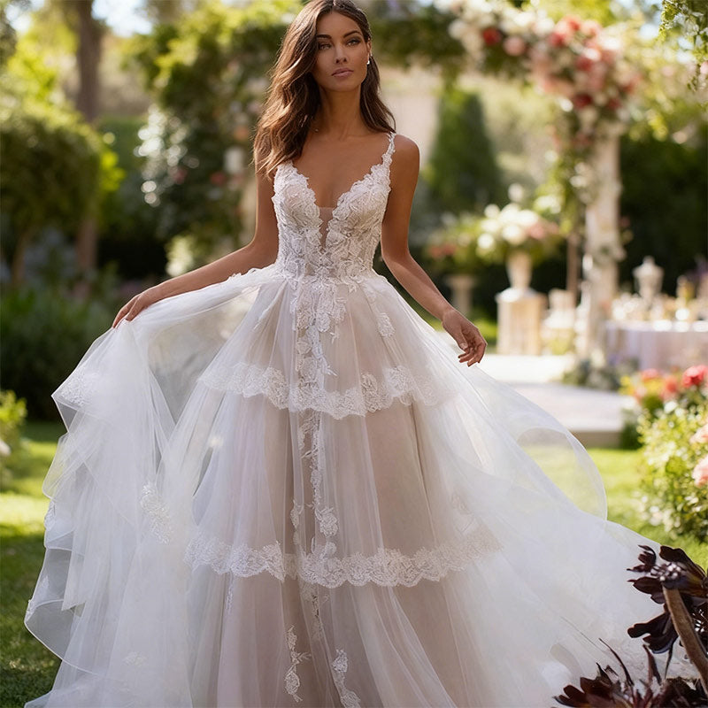 A-Linie Brautkleider Prinzessin Elfenbein V-Ausschnitt Ärmellos Tüll Lang Hochzeitskleid 2-16