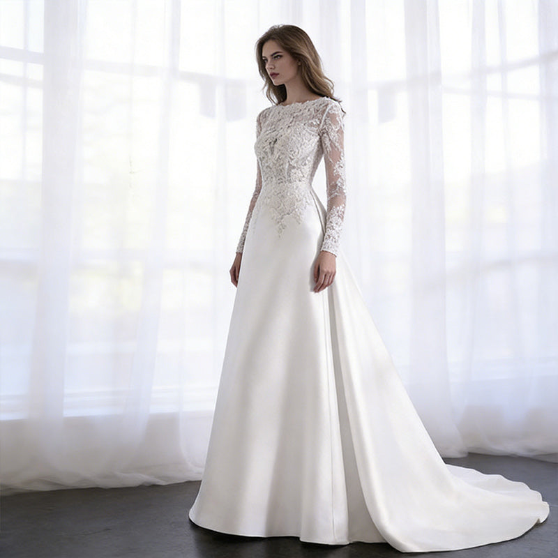 A-Linie Brautkleider Quadratischer Ausschnitt Puffärmel Hochzeitskleid Romantisch Satin 2-16