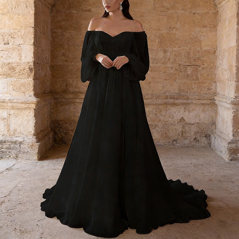 A-Linie Brautkleid Weiß – Schulterfreies Hochzeitskleid mit Laternenärmeln und Chiffon-Rock 34-46