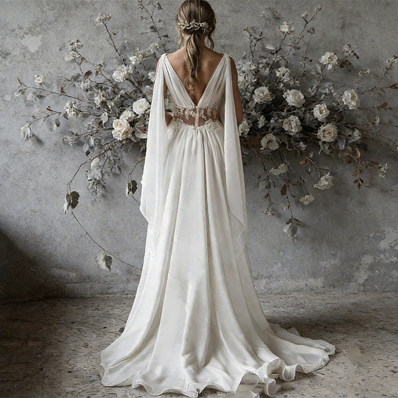 Ätherisches Griechische-Göttin Brautkleid mit Cape-Schultern – Elegante A-Linie aus Chiffon mit Cut-out Spitze 2-26W