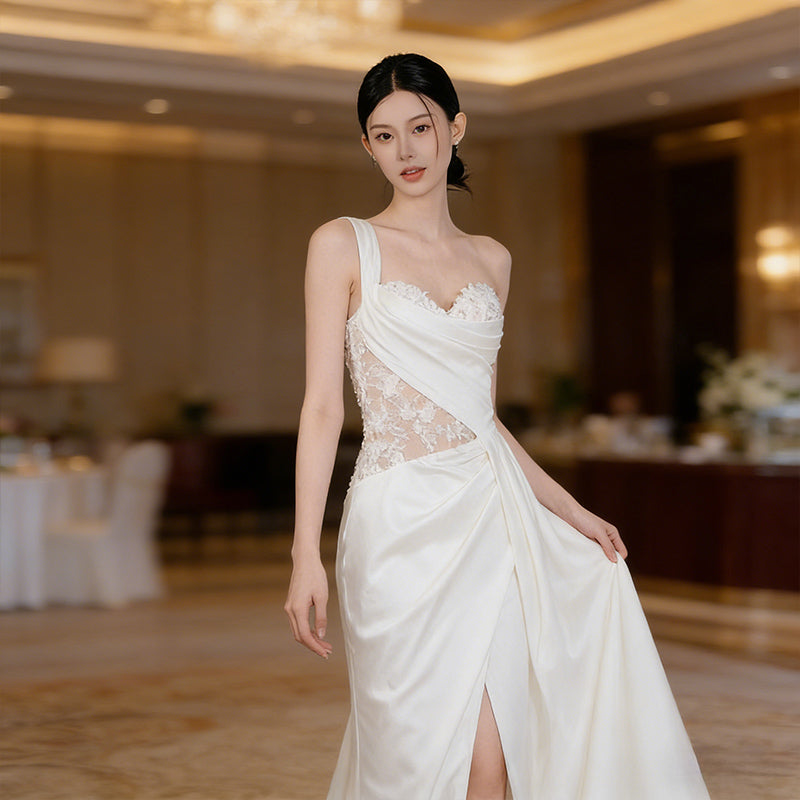 Asymmetrisches Satin Brautkleid mit One Shoulder Design und Transparentem Spitzen Korsett Beinschlitz XS-3XL