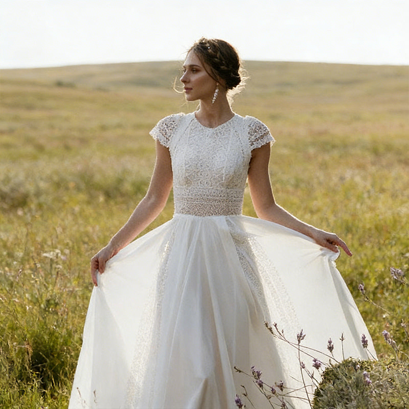 Boho Brautkleid mit Spitzenoberteil und Flügelärmeln Romantisches A-Linie Hochzeitskleid 2-26W