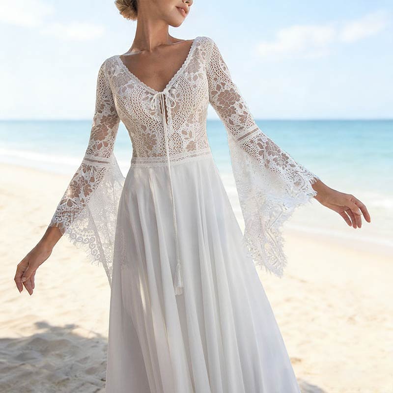 Boho Brautkleid mit Trompetenärmeln und V-Ausschnitt – Hochzeitskleid aus Spitze für Strand Garten 2-16W