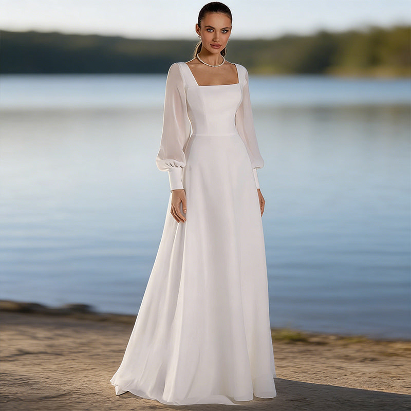 Brautkleid A Linie Weiß Langarm Quadratischer Ausschnitt Hochzeitskleid Chiffon Bodenlang Modern Boho 32-56