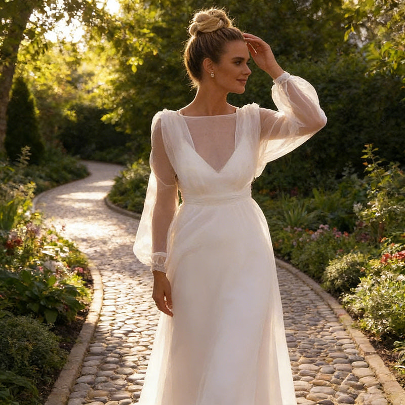 Brautkleid in A-Linie mit Illusions-Ausschnitt – Bodenlanges Hochzeitskleid mit Tüllärmeln und Fall 32-42