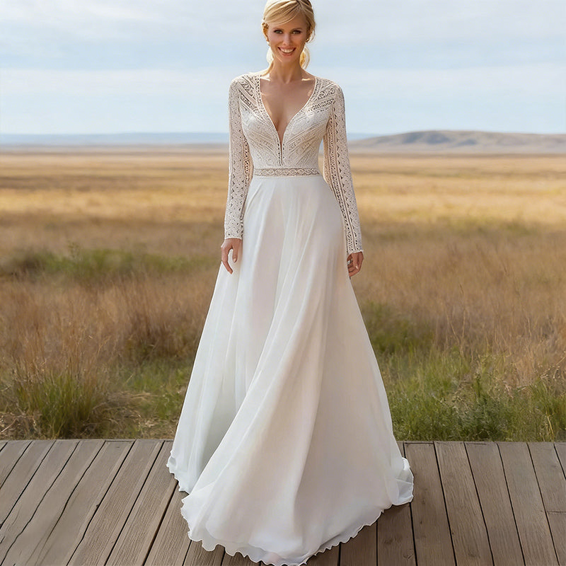 Boho-Brautkleid mit V-Ausschnitt und Spitzenärmeln A-Linien Hochzeitskleid mit geometrischer Spitze 2-26W