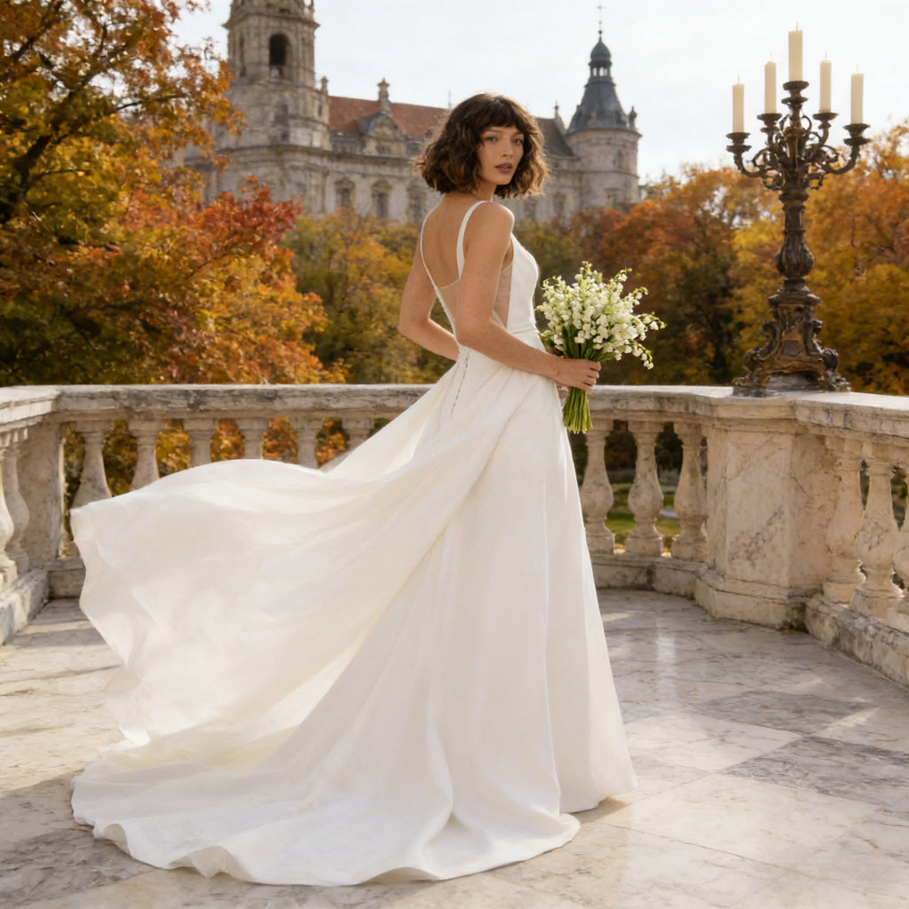 BHstyle Ball-Gown Weiß Satin A-Linie Edel Eckiger Ausschnitt Anlassmode Modern Sexy Elegant Puristisch