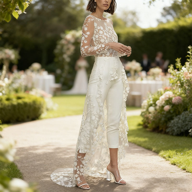 Eleganter Weißer Spitzen Braut Jumpsuit Langarm Rundhals Mit Schleppe Moderner Hochzeits Hosenanzug S-2XL
