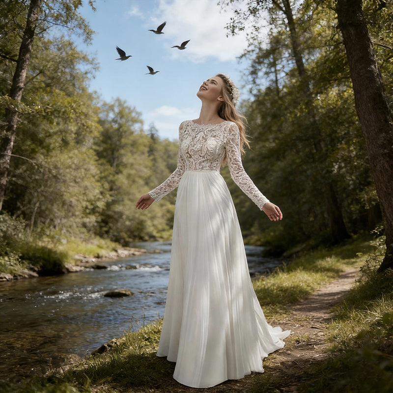 Elegantes Boho Brautkleid Langarm Spitze Chiffon Weiss 34-46