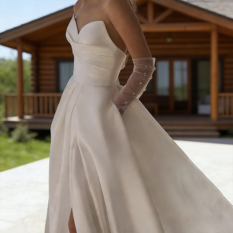 Brautkleider Prinzessin aus Satin A Linie mit Beinschlitz Herz Ausschnitt Modernes Hochzeitskleid Elfenbein 32-56