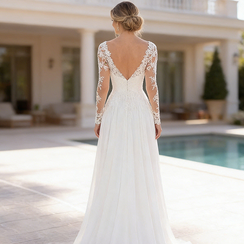 Elegantes Brautkleid aus Spitze A Linie mit V Ausschnitt Langarm Bodenlang Hochzeit 32-56