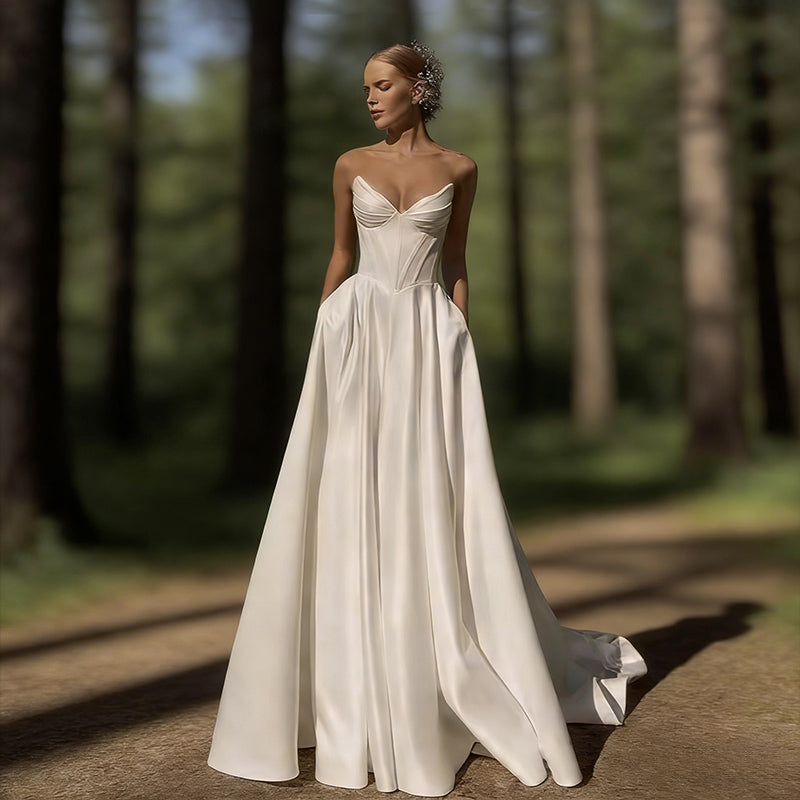 Elegantes Satin Brautkleid Herz Ausschnitt Modernes A Linie Hochzeitskleid mit Beinschlitz Standesamt Elfenbein 2-26W