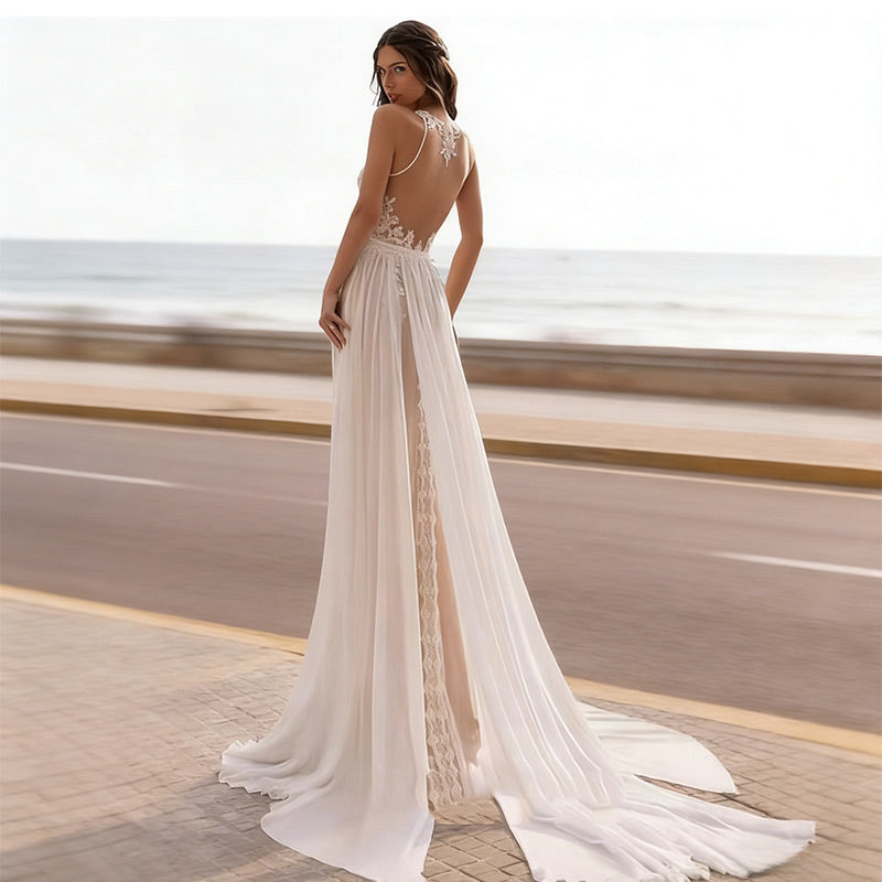 Glamouröses Abendkleid mit Pailletten und hohem Beinschlitz in A Linie 2-26W