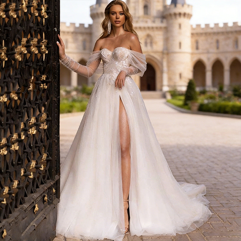 Off-Shoulder Brautkleider Prinzessin mit Pailletten und Beinschlitz Tüll Hochzeitskleid A-Linie Elfenbein 2-26W