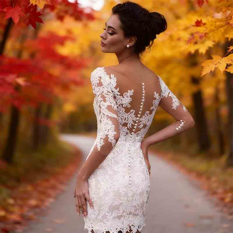 Kurzes Brautkleid mit Illusion Ausschnitt 3/4 Ärmel Figurbetont Elegantes 2-16