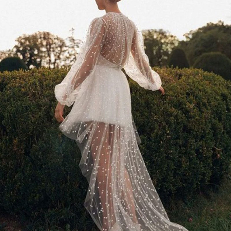 Kurzes Brautkleid Weiß mit Polka Dots Tüll Langarm Rundhals Niedliches Hochzeitskleid 2-16