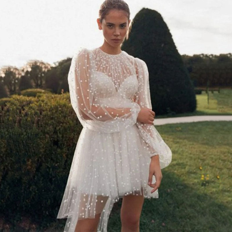 Kurzes Brautkleid Weiß mit Polka Dots Tüll Langarm Rundhals Niedliches Hochzeitskleid 2-16