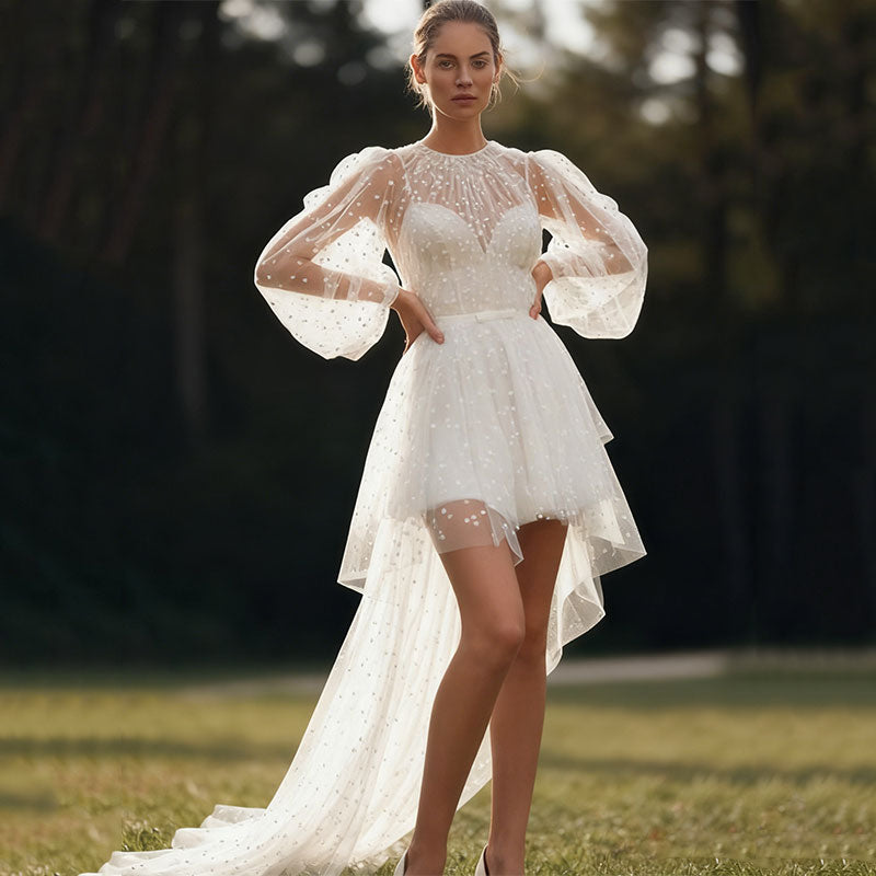 Kurzes Brautkleid Weiß mit Polka Dots Tüll Langarm Rundhals Niedliches Hochzeitskleid 2-16