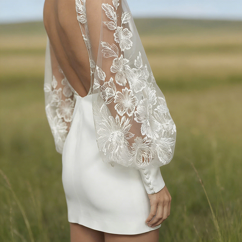 Kurzes Brautkleid Weiß V Ausschnitt Spitze Langarm Hochzeitskleid Etuikleid Modern Elegant Mini Hochzeitskleid S-2XL