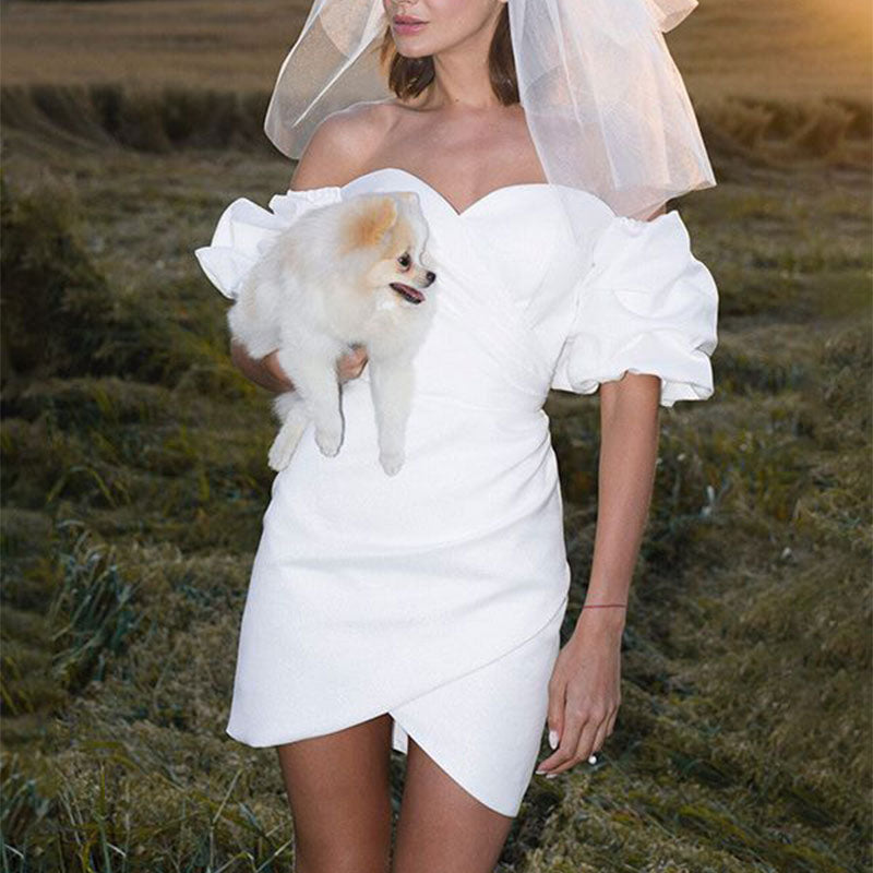 Kurzes Weißes Brautkleid Kurzarm Bateau Kragen Elastic Crepe Elegantes Hochzeitskleid XS-2XL